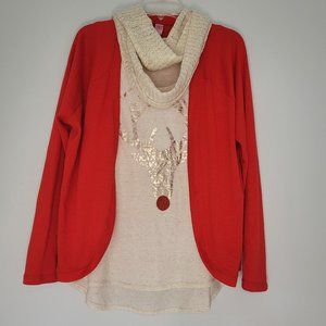 No Boundaries - XL - Festive beige Short Sleeve Shirt with Red Sweater and Scarf